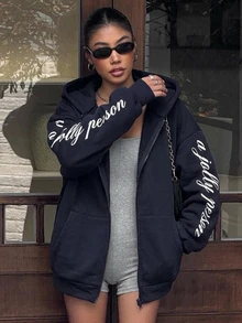 DAZY Women's Deep Blue Collar Zip-Up Letter Print Pocket Loose Drop Shoulder Long Sleeve Casual Sports Sweatshirt Jacket - Navy Blue - View 9