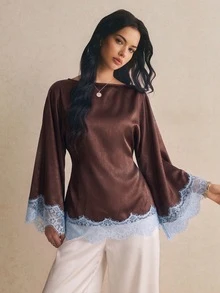 Poéselle Women's Boat Neck Bell Sleeve Lace Trim Top - Brown - View 4