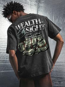 Manfinity EMRG 男士水洗黑色短袖T恤，復古疊加美鈔圖案與「Wealth In Sight」字母印花圓領上衣，Y2K風格街頭風T恤，適合音樂節、演唱會、日常休閒與外出 - 黑色 - 查看 2