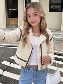 SHEIN 少女外套 秋/冬街頭風 PU複合保暖內裡加厚對比飾邊翻領機車夾克，適合秋冬日常穿著 - 米色 - 查看 1