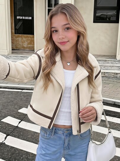 SHEIN Tween Girl Coat Tween Girl Autumn/Winter Street Style PU Composite Thermal Lined Thickened Contrast Trim Lapel Motorcycle Jacket, Suitable For Autumn/Winter, Daily Wear