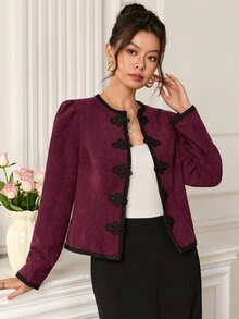 EastFlair Women's Elegant Chinese Style Regular Long Sleeve Jacket With Frog Button Placket - Burgundy - View 1