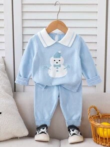 SHEIN Infant (Boy) Sweater Set Fashionable Cute Versatile Pullover POLO Collar Back Button Knit Cartoon Snowman Long Sleeve Single Piece + Knit Long Pants Suitable For Spring And Autumn Seasons Soft And Comfortable Suitable For Daily Scenes Suitable For Outing Scenes Suitable For Travel Scenes Suitable For Vacation Scenes Suitable For Christmas Halloween Suitable For Daycare Scenes Suitable For Children Playing And Wearing - Blue - View 1