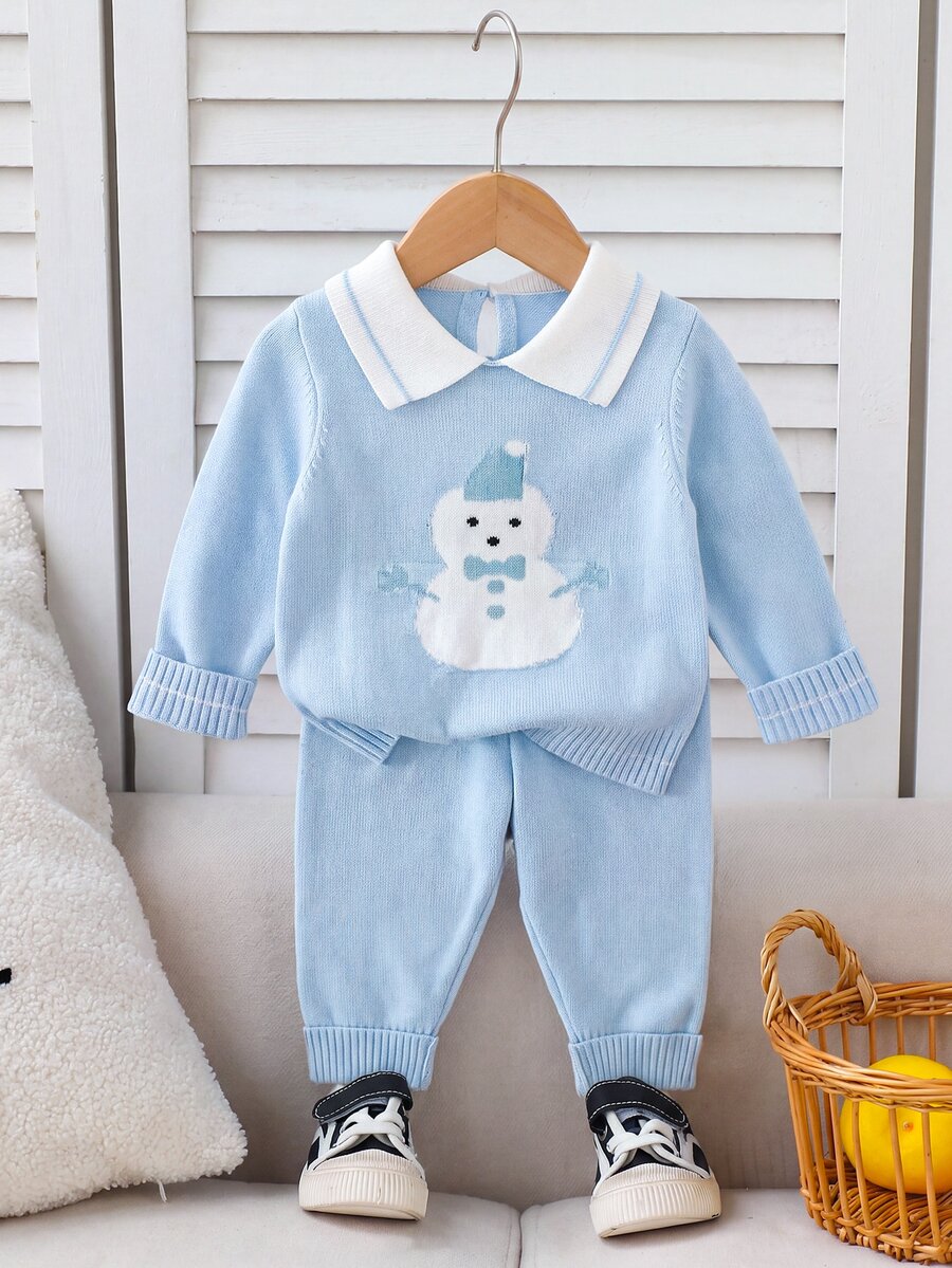 SHEIN Infant (Boy) Sweater Set Fashionable Cute Versatile Pullover POLO Collar Back Button Knit Cartoon Snowman Long Sleeve Single Piece + Knit Long Pants Suitable For Spring And Autumn Seasons Soft And Comfortable Suitable For Daily Scenes Suitable For Outing Scenes Suitable For Travel Scenes Suitable For Vacation Scenes Suitable For Christmas Halloween Suitable For Daycare Scenes Suitable For Children Playing And Wearing - Blue - View 1