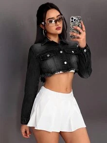 Jeanoix 女款毛邊下擺休閒牛仔短款水洗夾克 - 黑色 - 查看 3