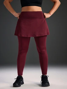 Powerista Women's Plus Size Solid Color 2-In-1 Leggings Skirt, Suitable For Running, Workout, Sports, Yoga - Burgundy - View 7
