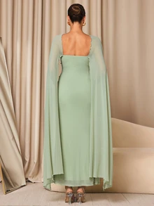 MaterniChic Maternity Pearl Decorated Cape Design Hollow Out Elegant Dress - Mint Green - View 4