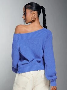 Denimoi Women's Autumn/Winter Solid Color Asymmetrical Shoulder Straight Neckline Loose Oversized Chunky Knit Long Sleeve Sweater - Blue - View 5