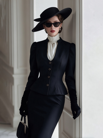 Balvessa Vintage Commuter Elegant V-Neck Stand Collar Open Front Jacket And Skirt French Fashion Party Gathering Outing Women's 2 Pieces Set