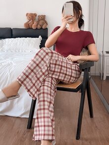 Napfluff 休閒居家與戶外穿著，格紋針織短袖女款睡衣長褲套裝 - 黃色 - 查看 3