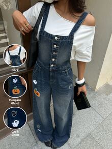 Rivivi Women's Casual Daily Denim Overalls With Pumpkin Pattern And Pockets - Dark Wash - View 7