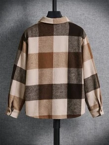 SHEIN 兒童青少年男孩休閒日常舒適格紋翻領寬鬆長袖梭織鈕扣襯衫 - 彩色 - 查看 2