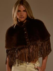MUSERA Faux Fur Fluffy PU Fringed Detail Button Through Poncho Top Autumn Winter Fall Western Cowgirl Cute - Mocha Brown - View 5