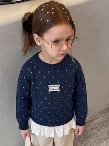 Hapijoa Young Girl Patchwork Ruffle Hem Long Sleeve Round Neck Cute Sweater - Navy Blue - View 3