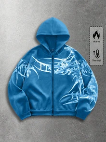 ROMWE MEN Goth Men's Hooded Zip-Up Long-Sleeve Printed Sweatshirt - Baby Blue - View 3