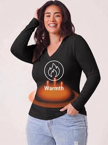 EMERY ROSE Plus Size Women V Neck Black Long Sleeve Fleece Thermal Shaping Tee Fit T-Shirt Fall/Winter Warmth - White - View 5