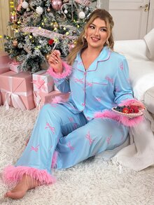 Slumberry CURVE طقم بيجامة محبوك أزرق بمقاس كبير، بتصميم مفتوح من الأمام، مع طباعة فيونكة بألوان متباينة وحافة متباينة، بأسلوب حلو ورومانسي - الأزرق - مشاهدة 3