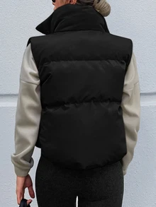 SHEIN Petite Size Zip Up Detailed With Drawstring Solid Black Color Casual Puffer Vest Coat - Black - View 2