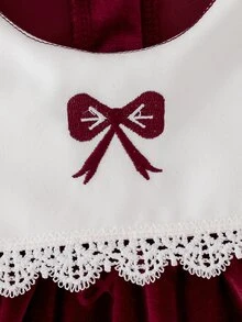 Souflis Souflis 2件組幼女絨毛洋裝 優雅甜美酒紅色蕾絲蝴蝶結印花 長袖圓領 加厚毛絨款 適合冬季與秋季節慶 - 酒紅色 - 查看 6