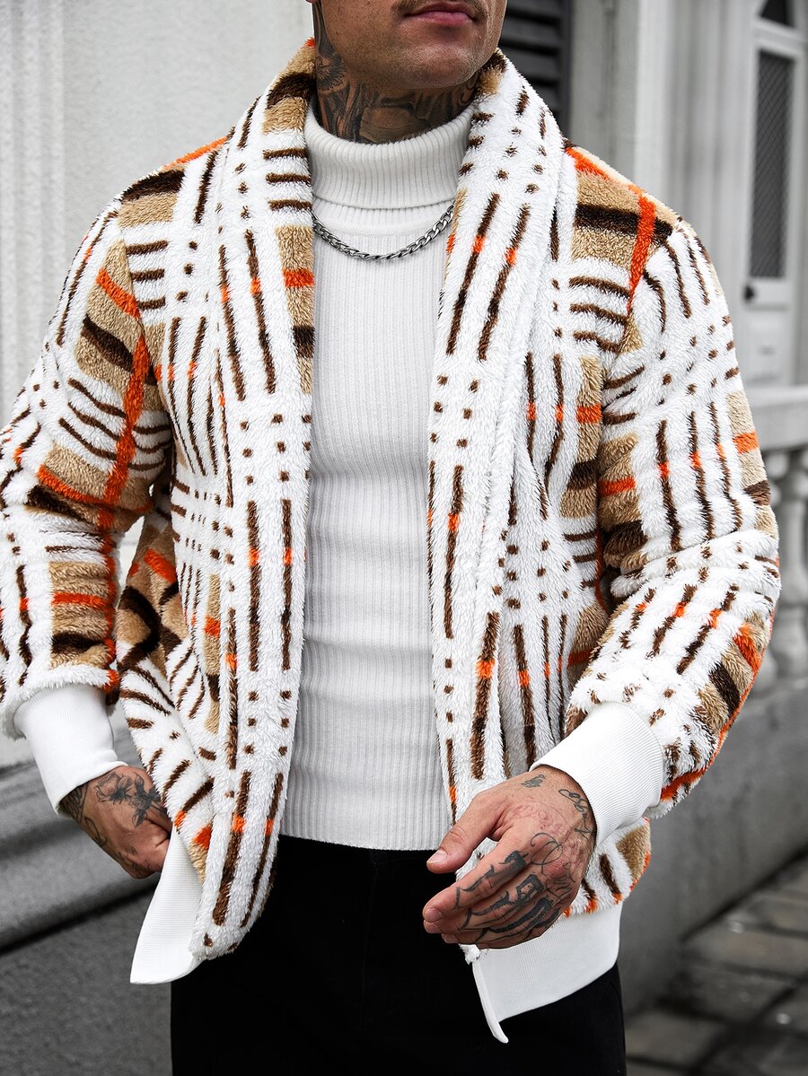Manfinity CasualCool Men's Autumn/Winter Fashion Striped Colorblock Fleece Jacket - Khaki - View 1