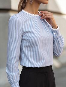 Velvienne Women's Elegant Striped Collared Lace Patchwork Long Sleeve Blouse, Suitable For Daily Commute, Dating, Home Wear - Blue - View 7