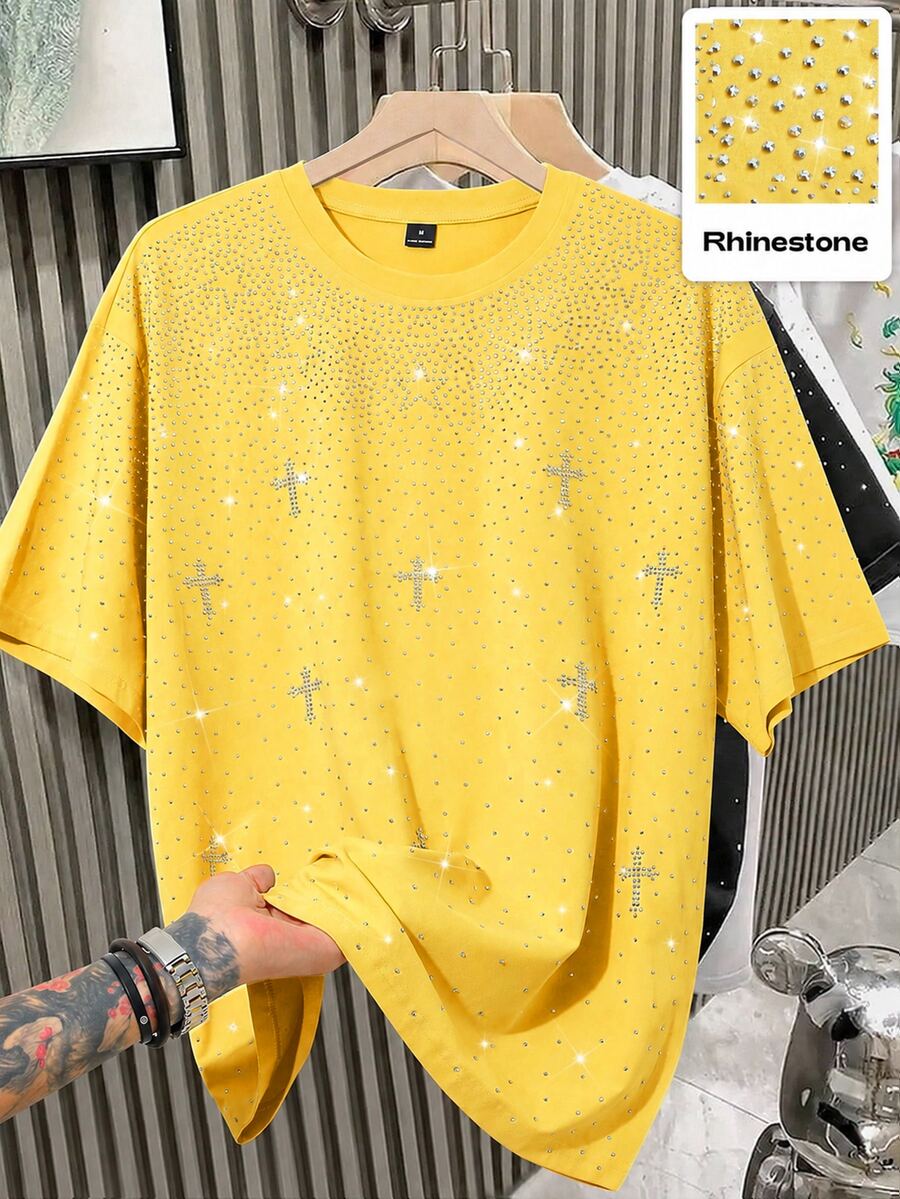 Manfinity Hypemode 1pc Men's Casual Loose Fit Short Sleeve T-Shirt,Black,Rhinestone Decor,Oversized Boxy Silhouette, Streetwear,Summer Rave,Daily Wear,Couple Gift - Yellow - View 1