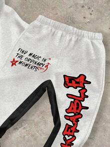SHEIN 小男孩秋季新款休閒極簡Y2K拼色嘻哈英文字母星星圖案寬鬆連帽長袖上衣＋長版喇叭褲2件套，適合秋冬 - 彩色 - 查看 3