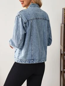 SHEIN Women's Long Sleeve Single-Breasted Casual Pocket Denim Jacket - Blue - View 3
