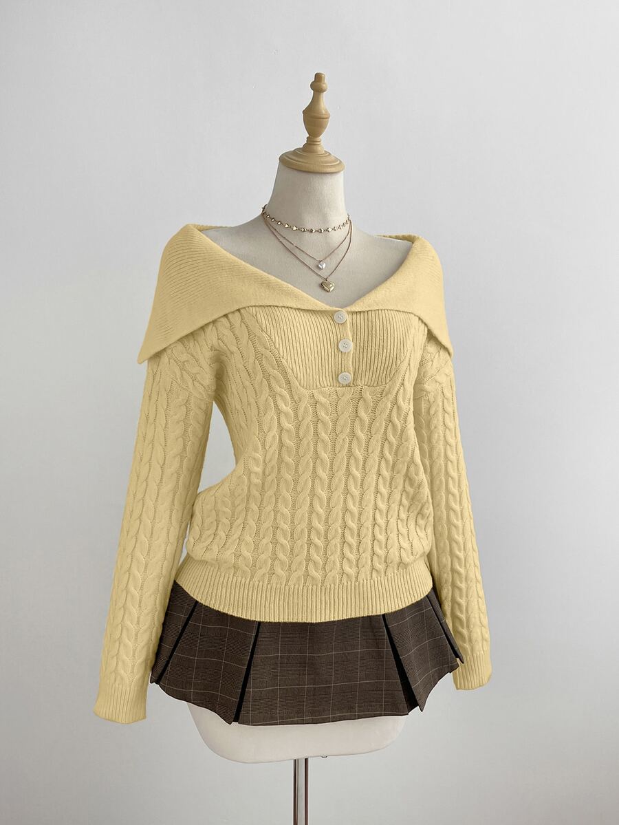 Elamini Women's White Casual Versatile Commute Daily Wear Classic Cable Knit Half-Open Front Pullover Sweater, Autumn/Winter - Yellow - View 1