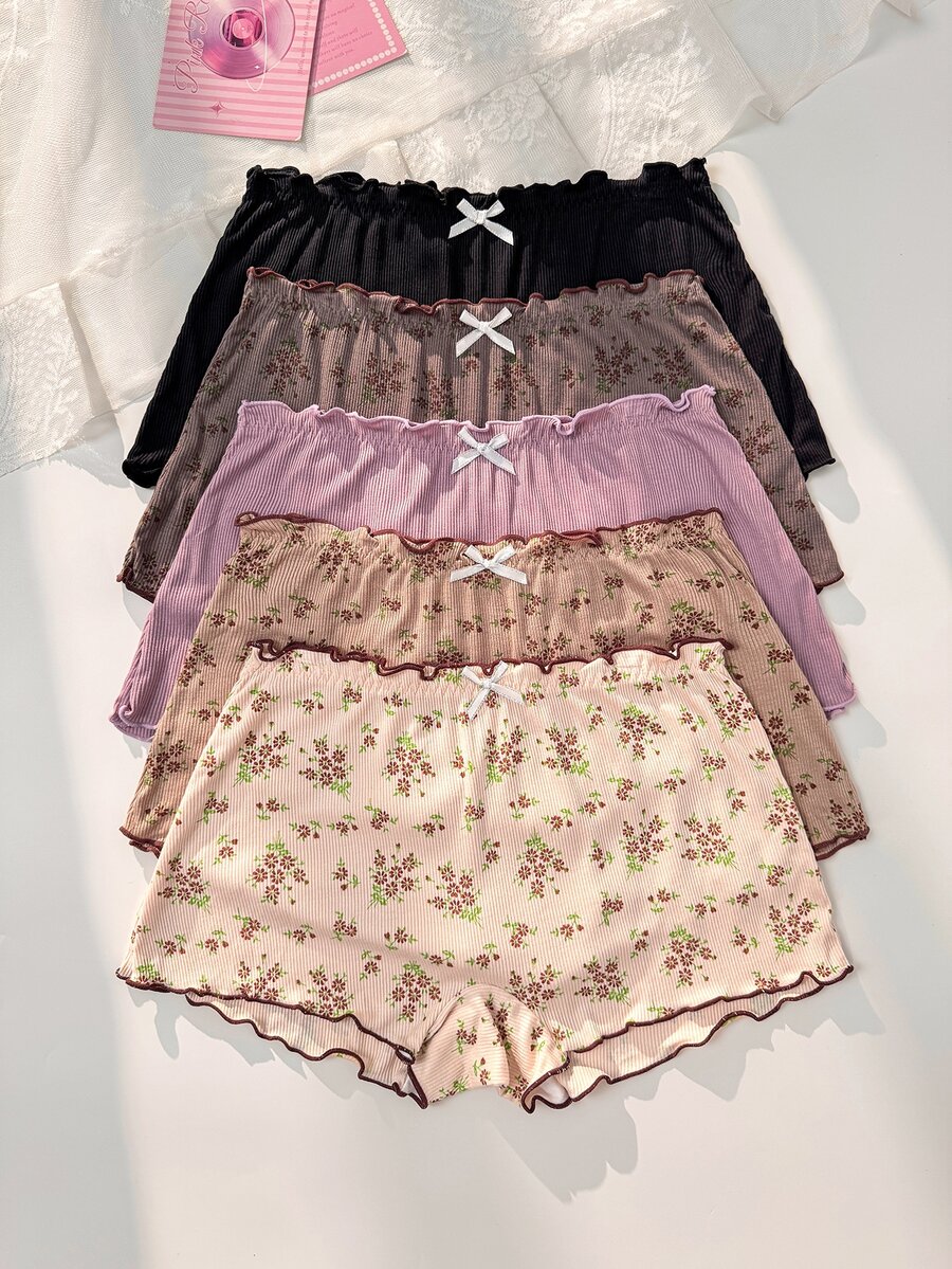 PetitDoll 5件組女款花卉印花荷葉邊蝴蝶結裝飾四角內褲 - 彩色 - 查看 1