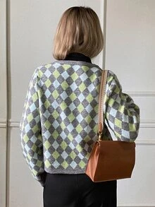 Livesso Áo cardigan nữ màu xanh cổ tròn cài nút dệt vặn thừng tay dài ôm dáng gân tăm, thu/đông - màu xanh lá - Xem 2