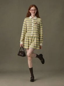 Elnivra Women's Letter Embroidered Striped Long Sleeve Single-Breasted Top And Pleated Skirt Casual 2 Pieces Set - Yellow - View 9