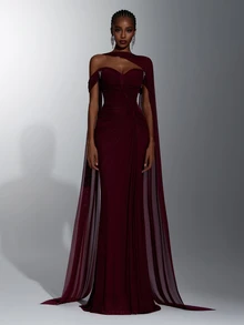 Elitara Elegant Romantic Luxury Elastic Knit Cold Shoulder Off-Shoulder Fabric Ruched Sheer Inner Boning Luxury Rhinestone Embellished Abdominal Ruched Bodycon Long Dress With Detachable Train, Suitable For Holiday Celebration Wedding Ball Concert Business Guest Banquet Internet Celebrity Events Women's Heavy Work Evening Gown - Burgundy - View 1