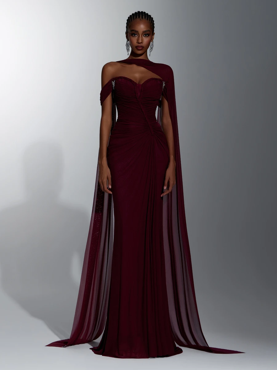 Elitara Elegant Romantic Luxury Elastic Knit Cold Shoulder Off-Shoulder Fabric Ruched Sheer Inner Boning Luxury Rhinestone Embellished Abdominal Ruched Bodycon Long Dress With Detachable Train, Suitable For Holiday Celebration Wedding Ball Concert Business Guest Banquet Internet Celebrity Events Women's Heavy Work Evening Gown - Burgundy - View 1