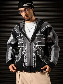 ROMWE MEN Men's Distressed Ripped Hem Sweater Cardigan - Grey - View 1