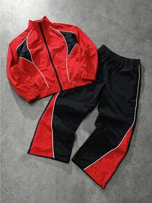 SHEIN Teen Boys Casual Comfortable Versatile Colorblock Stand Collar Jacket & Long Pants Set - Multicolor - View 1