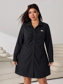 Solflare Plus Size Women's Collared Long Sleeve Black Mini Dress - Black - View 7