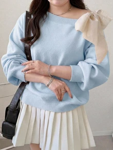 Dazy Plus Contrast Color Cold Shoulder Drop Shoulder Long Sleeve Bowknot Loose Casual Versatile Pullover Sweater Spring Autumn New Arrival - Baby Blue - View 2