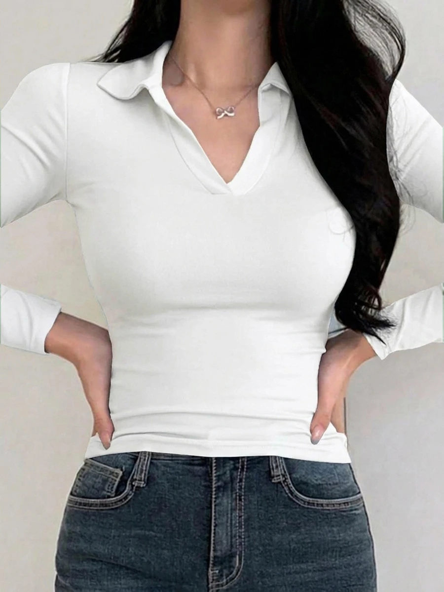 DAZY 女款純色長袖休閒修身 Polo 領 T 恤 - 白色 - 查看 1