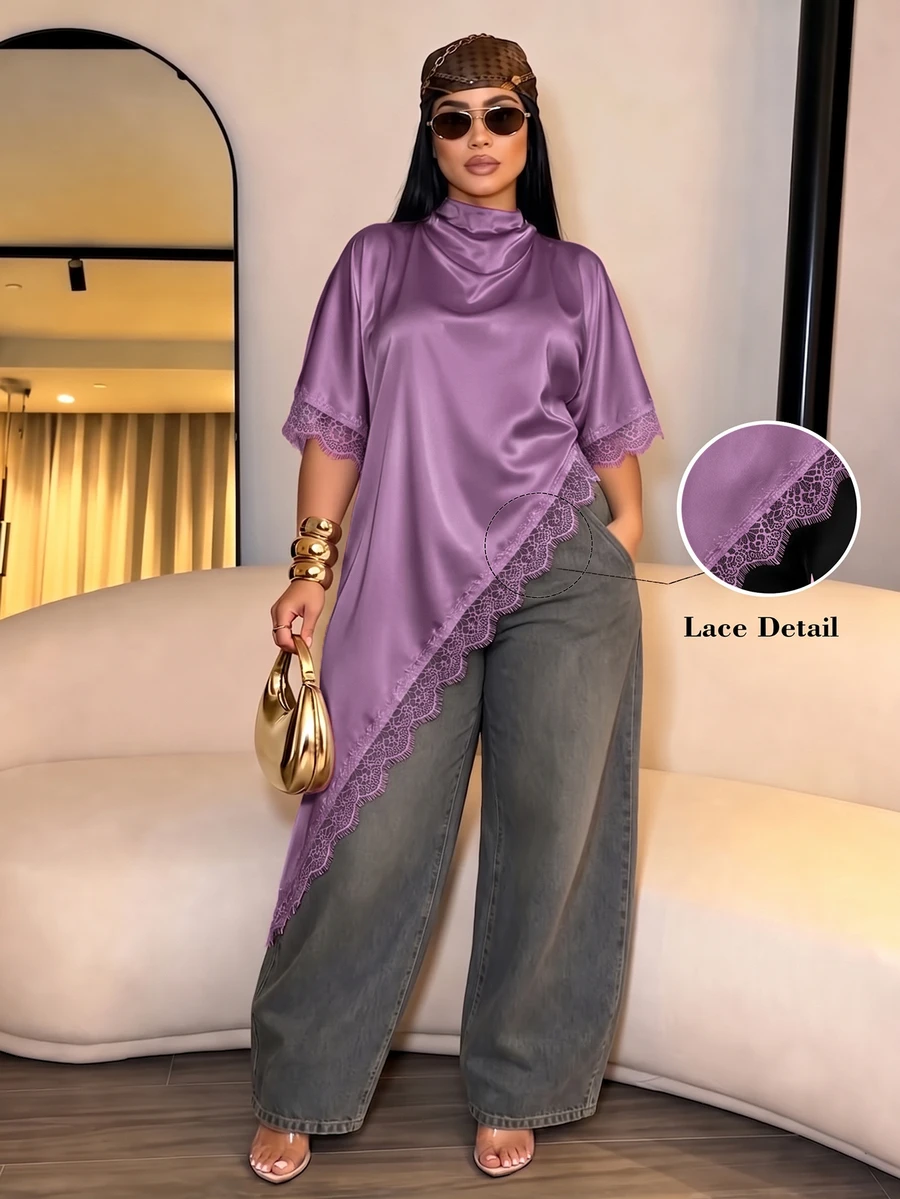 SOLERSUN Plus Size Women's Satin Lace Trim Asymmetric Blouse, Suitable For Dinner Parties And Shopping - Purple - View 1