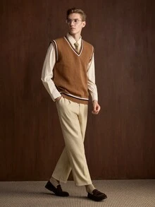 Manfinity CityGents Men's Striped V-Neck Casual Versatile Knit Vest - Brown - View 5