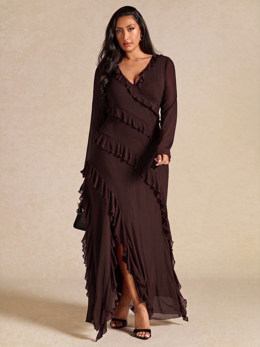 SHEIN BAE Plus Size Women's Split Hem Ruffle Long Sleeve Dress - Chocolate Brown - View 1