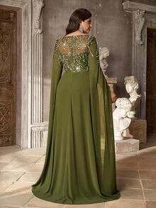 Aureia Plus Size Elegant Luxurious Beaded Embroidered Burnout Craft Floating Petal Ruched A-Line Heavy Work Evening Gown Suitable For All Formal Occasions - Green - View 4