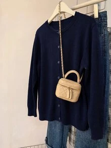 SHEIN CURVE+ Plain Casual Long Sleeve Plus Size Cardigan In Fall/Winter - Navy Blue - View 6