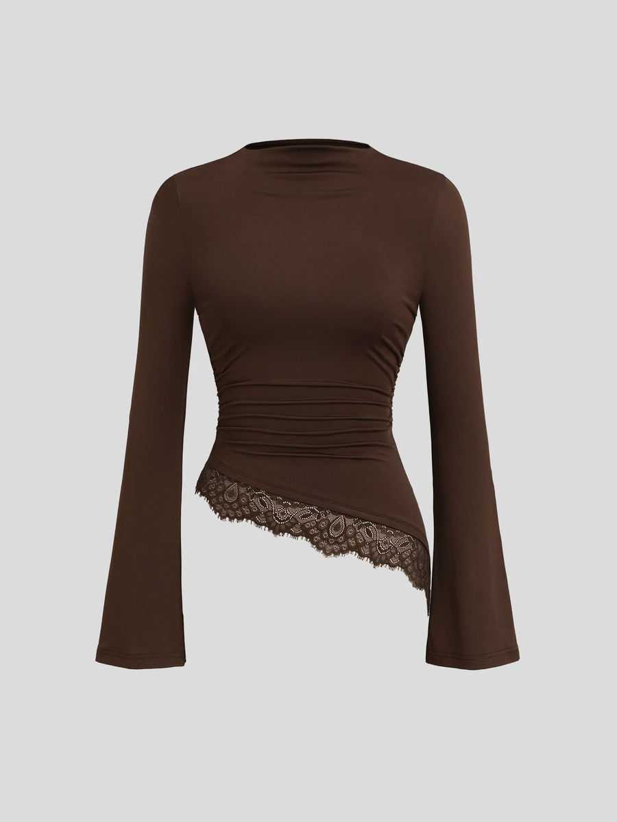 Sweetra Women's Fashion Pleated Round Neck Flare Sleeve Ruched Waist Asymmetric Hem Contrast Lace Coffee Color Versatile T-Shirt - Coffee Brown - View 1