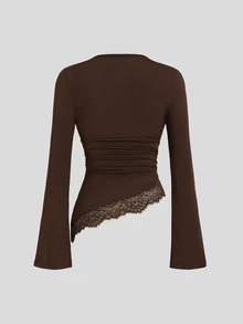 Sweetra Women's Fashion Pleated Round Neck Flare Sleeve Ruched Waist Asymmetric Hem Contrast Lace Coffee Color Versatile T-Shirt - Coffee Brown - View 2