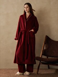 MOTF PREMIUM WOMEN'S FAUX PEARL DECOR CASUAL DAILY HOME SLEEPWEAR - Burgundy - View 6