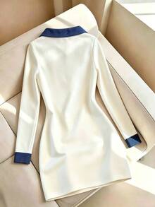 Resyla Women's Colorblock Lapel Long Sleeve Casual Dress - White - View 2