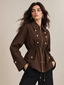 CielaLinda Women's Brown Zip-Up Jacket With Metal Button Placket And Waist Drawstring, Casual Outerwear, Trench - Brown - View 7