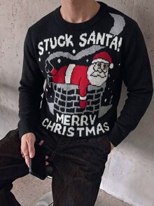 Manfinity Homme 聖誕男士圓領懶人長袖套頭毛衣，保暖家庭氛圍親子情侶套裝 - 黑色 - 查看 3